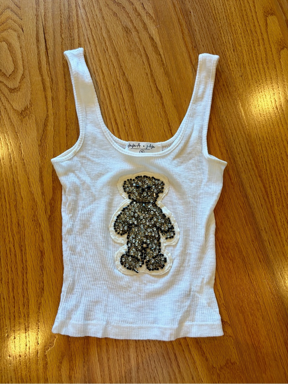 LF Emma & Sam White Ribbed Crop Tank with Sequin Bear Patch